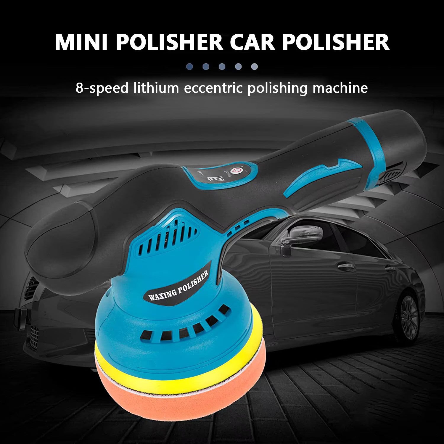 Aparat Polish Auto, 2 Acumulatori 12V, fara fir, portabil, 2500-5000 Rpm, 8 Viteze, Albastru/Negru