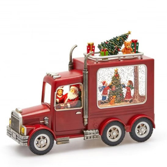 Decoratiune Craciun Camion Muzical cu Lichid si Sclipici, Iluminare LED si Scene 3D – 24.5 cm