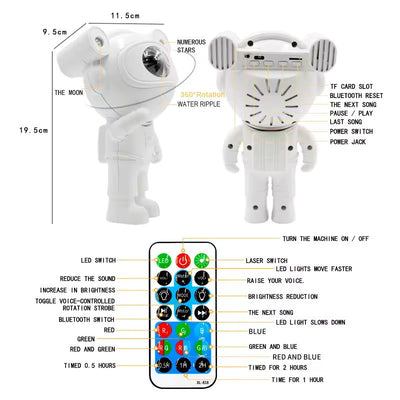 Proiector LED  in forma de astronaut cu sunete si lumini, stickere autoadezive, conexiune Bluetooth