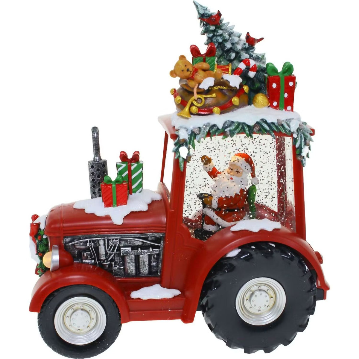 Decoratiune Craciun tip Tractor cu Mos Craciun ,brad si cadouri, functie muzicala, zapada in miscare, 25 × 13 × 21 cm