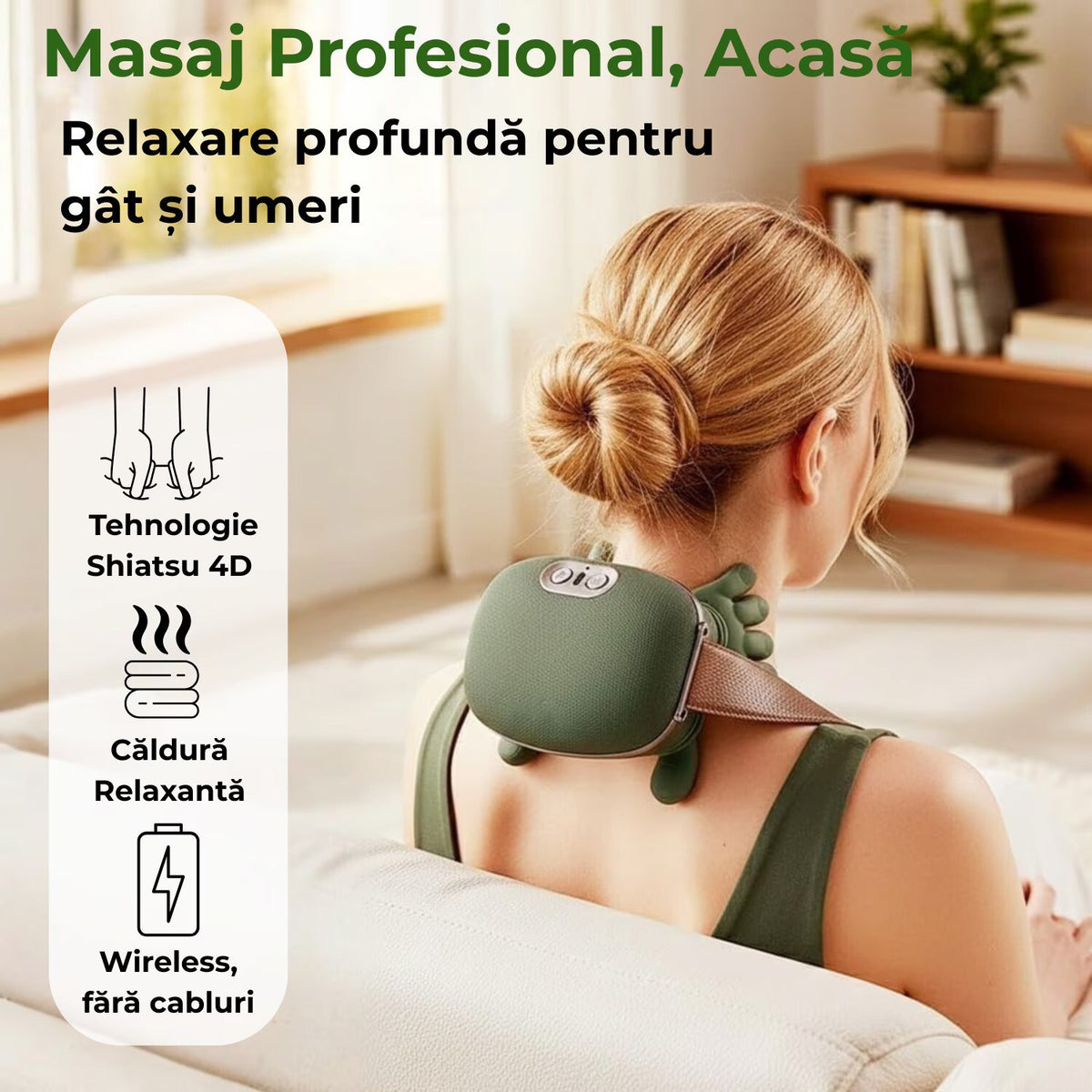 Aparat Masaj Cervical Multifunctional, 4D, 3 Intensitati, 2 Trepte Caldura 40/45°C, Wireless, Autonomie 70 min