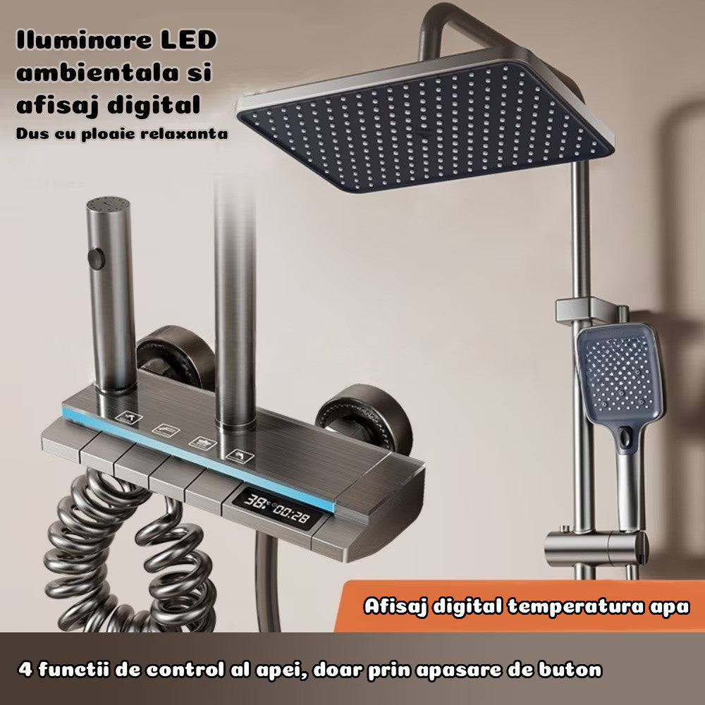 Set coloana dus digital cu termostat, afisaj LED, 4 functii curgere apa, control termostatic, robinet tip cascada, Gri Grafit