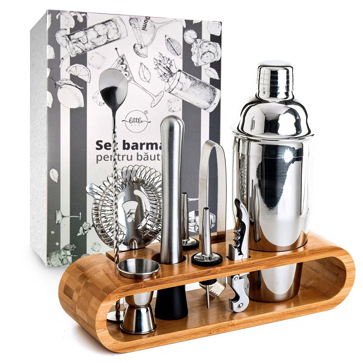 Set de Barman pentru Bauturi, suport din Bambus, Shaker Cobbler 550 ml, 10 Piese, Otel Inoxidabil, Argintiu