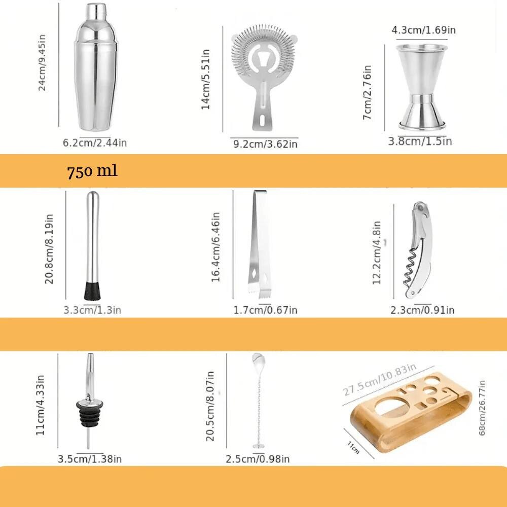 Set de Barman pentru Bauturi, suport din Bambus, Shaker Cobbler 550 ml, 10 Piese, Otel Inoxidabil, Argintiu