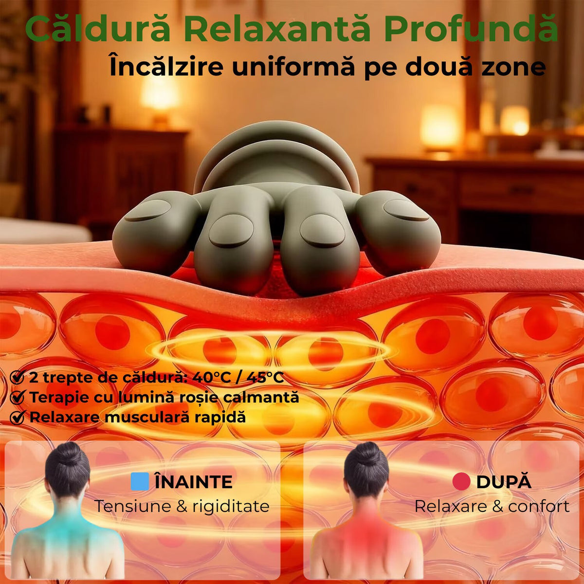 Aparat Masaj Cervical Multifunctional, 4D, 3 Intensitati, 2 Trepte Caldura 40/45°C, Wireless, Autonomie 70 min