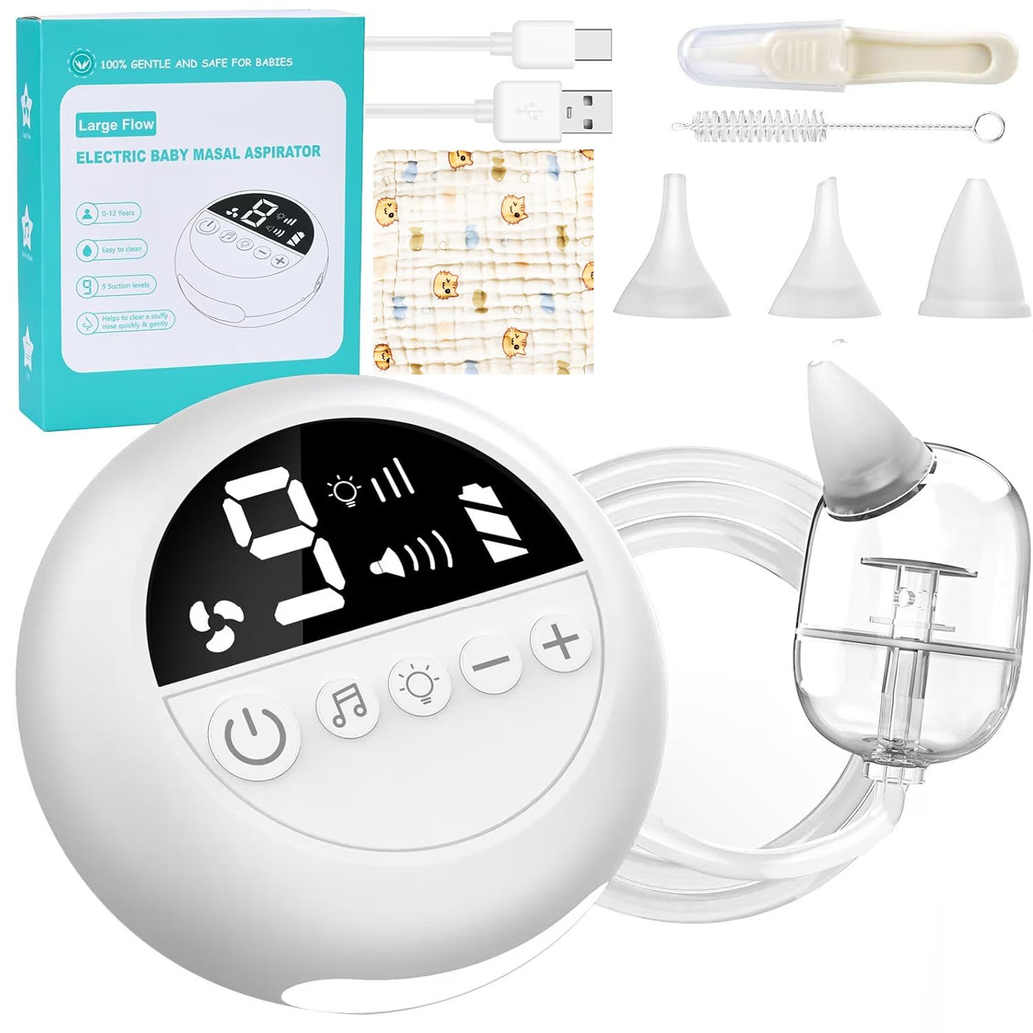 Aspirator nazal electric pentru bebelusi si copii, 9 niveluri de aspiratie reglabile, lumina de noapte cu muzica linistitoare, Incarcare USB, Display LED,