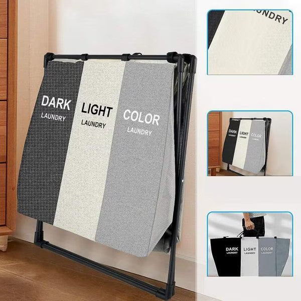 Cos de rufe murdare cu 3 compartimente, pliabil, pentru sortare si organizare haine la baie, material textil, cadru aluminiu, dimensiuni 62 x 34 x 56 cm