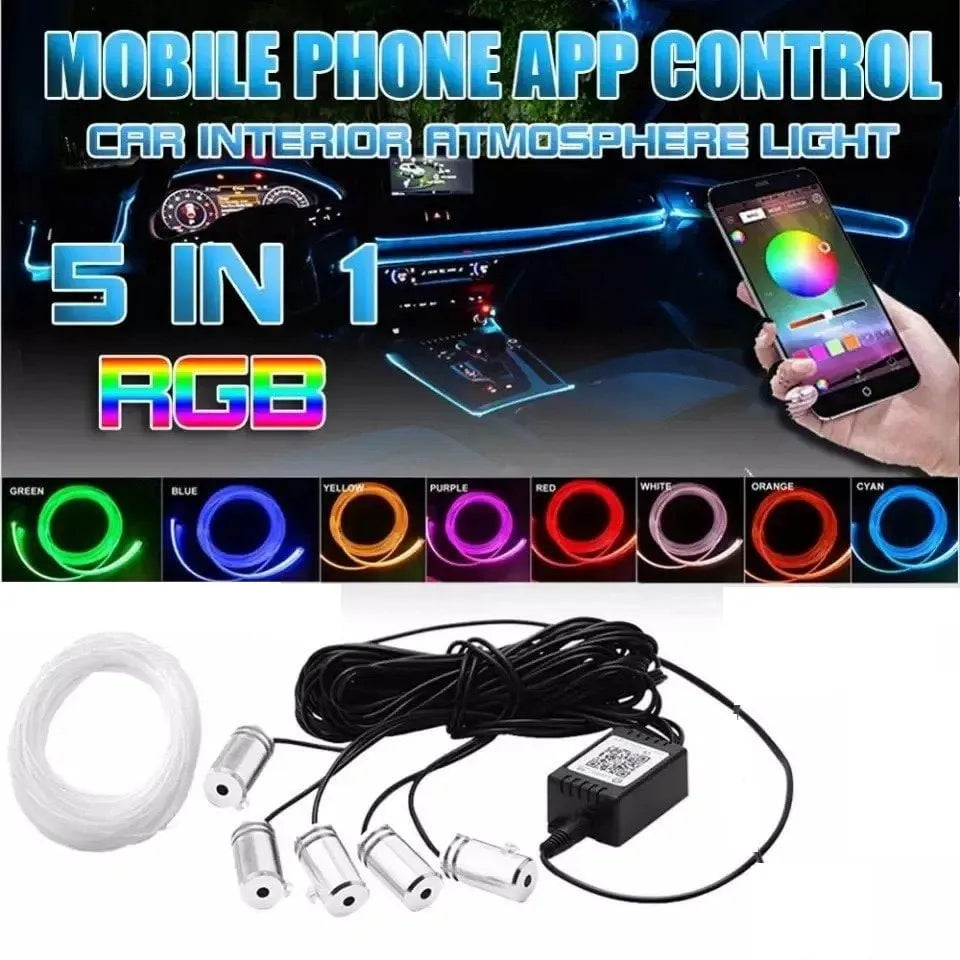 Set lumini ambientale premium, auto, pentru bord si usi lungime fir 6M, 5 unitati, aplicatie dedicata iOS, Android, telecomanda