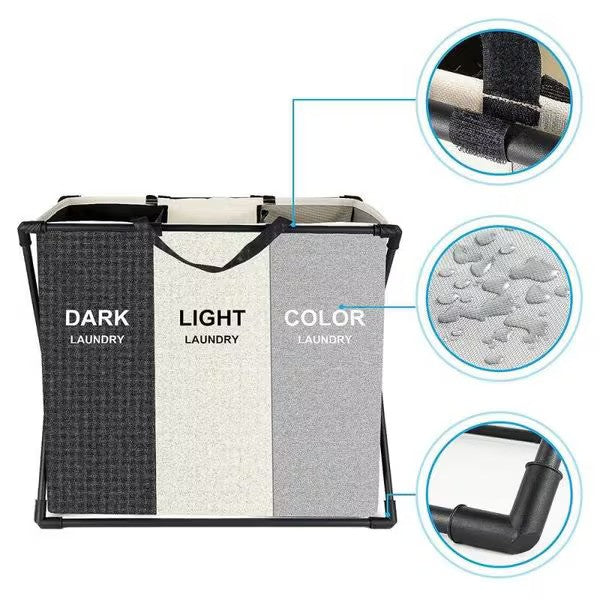 Cos de rufe murdare cu 3 compartimente, pliabil, pentru sortare si organizare haine la baie, material textil, cadru aluminiu, dimensiuni 62 x 34 x 56 cm