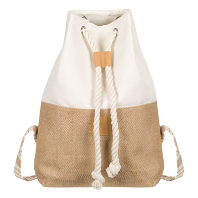 Geanta de plaja cu franjuri tip rucsac, bej, iuta/poliester, 31x10x45cm