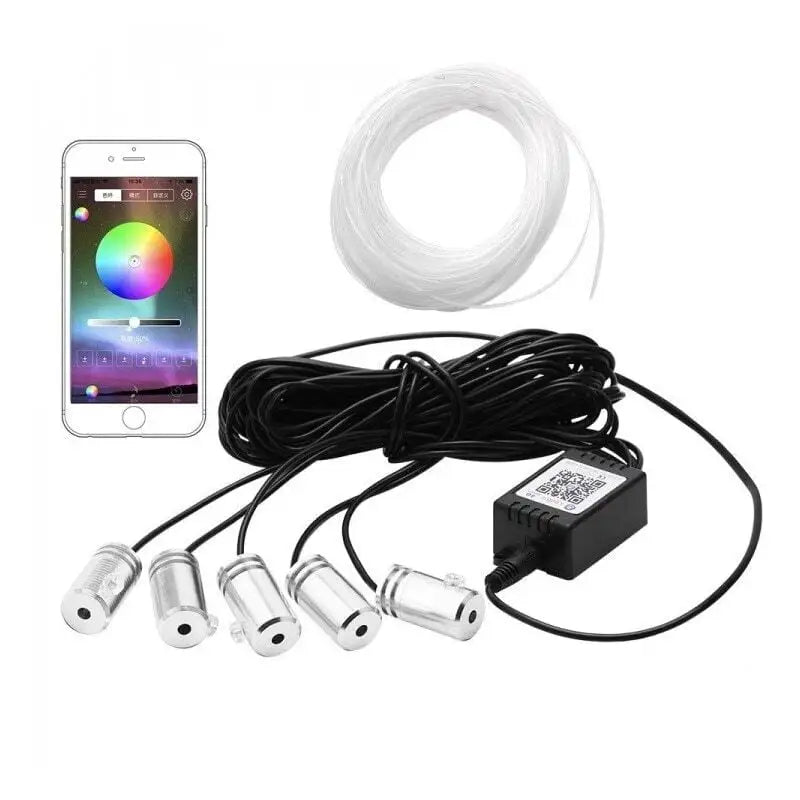 Set lumini ambientale premium, auto, pentru bord si usi lungime fir 6M, 5 unitati, aplicatie dedicata iOS, Android, telecomanda