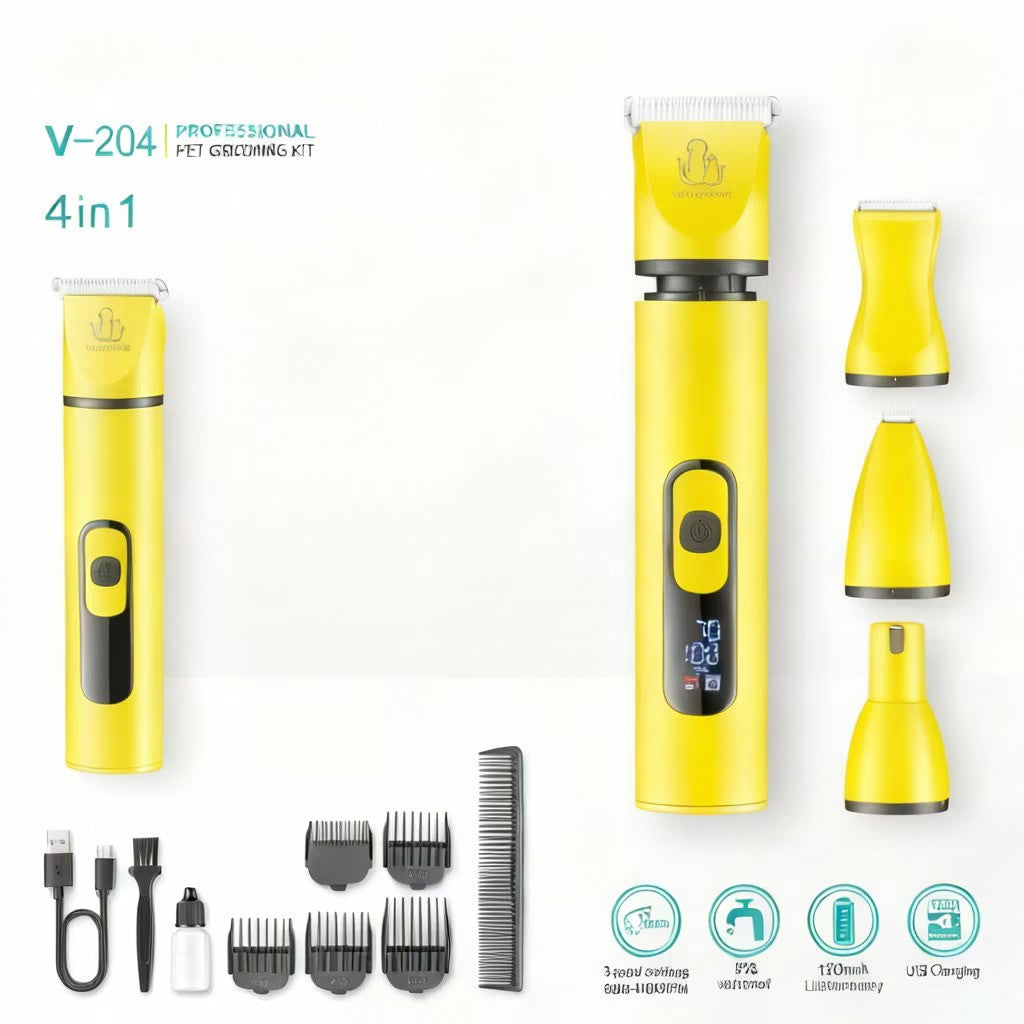 Masina de tuns pentru animale VGR V-204, 4 in 1, fara fir, afisaj LED, 3 viteze, 5 capete, 13 trepte de taiere, pentru caini si pisici, galben