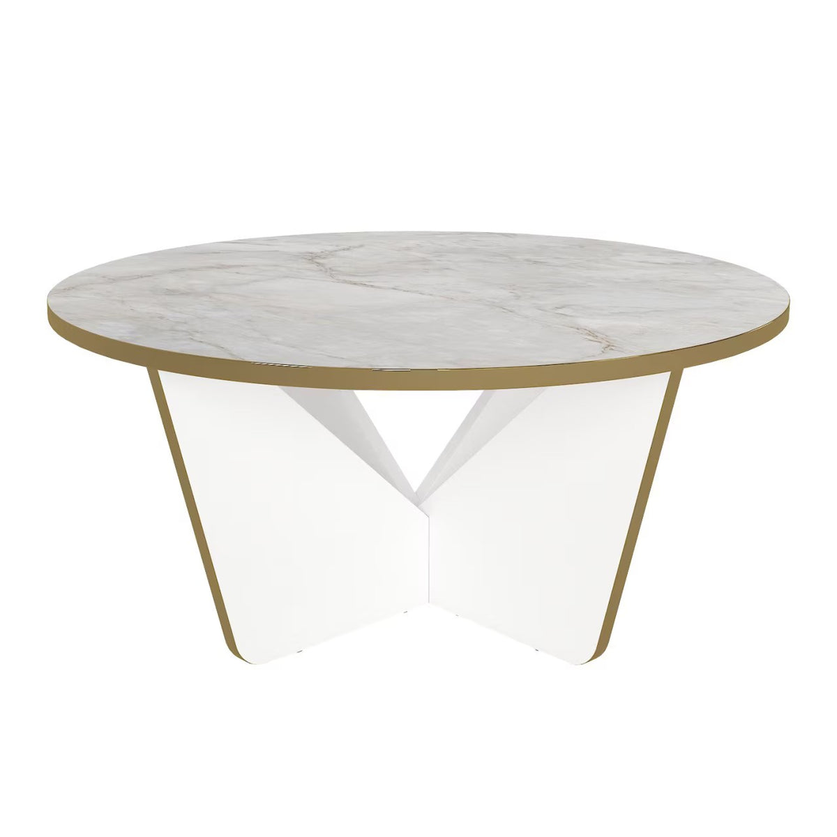 Masuta de cafea rotunda, blat tip marmura, cadru metalic auriu, design modern premium – 75x75x35 cm
