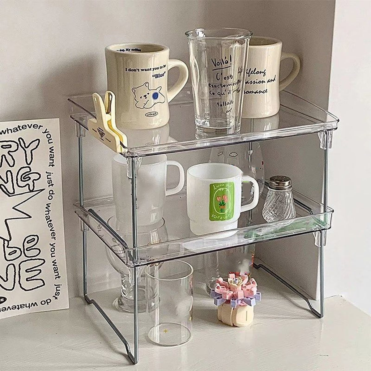 Organizator pliabil pentru bucatarie, sistem de stivuire, picioare inox, 29 x 21 x 16 cm, transparent