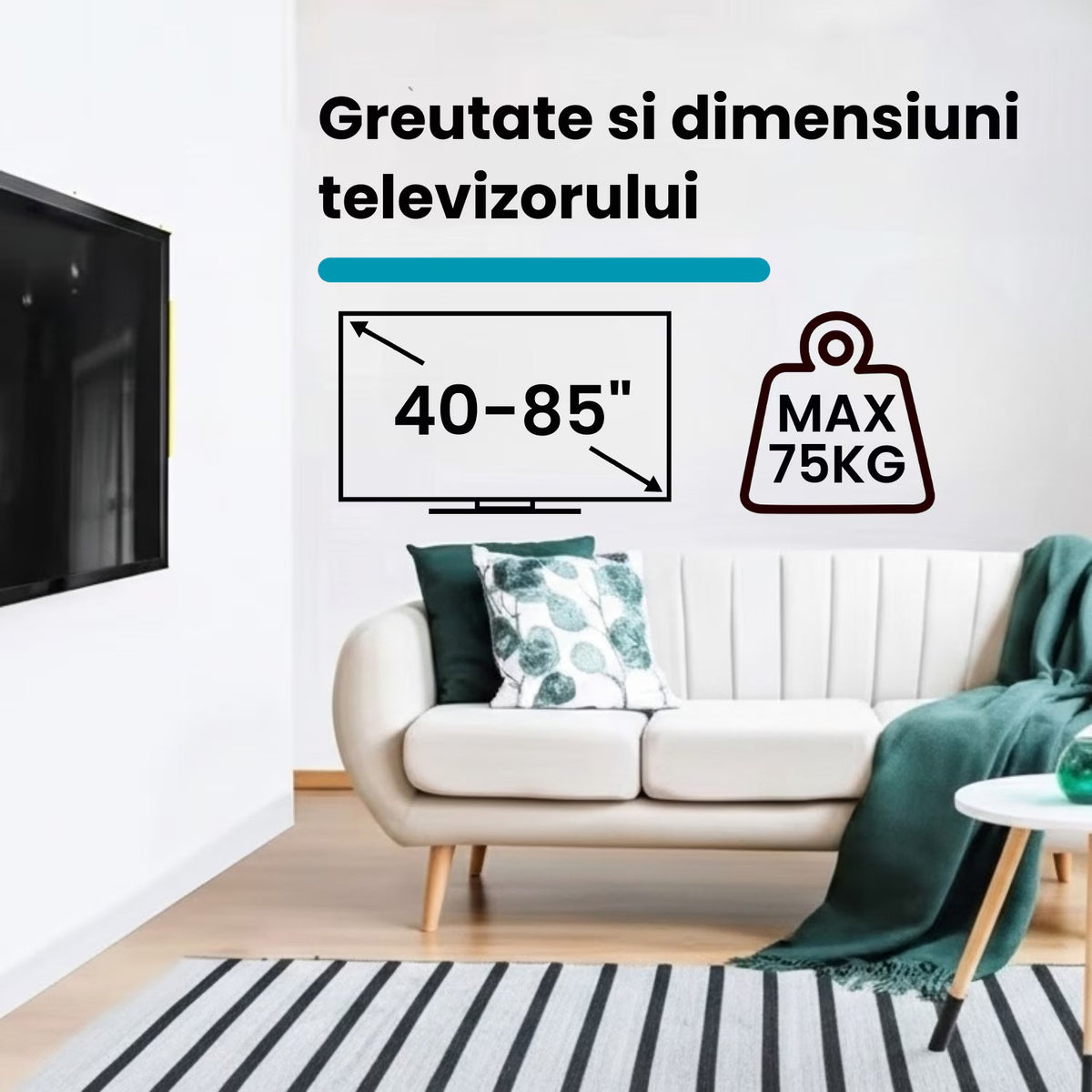 Suport TV fix universal pentru televizoare 40–85 inch, capacitate 75 kg