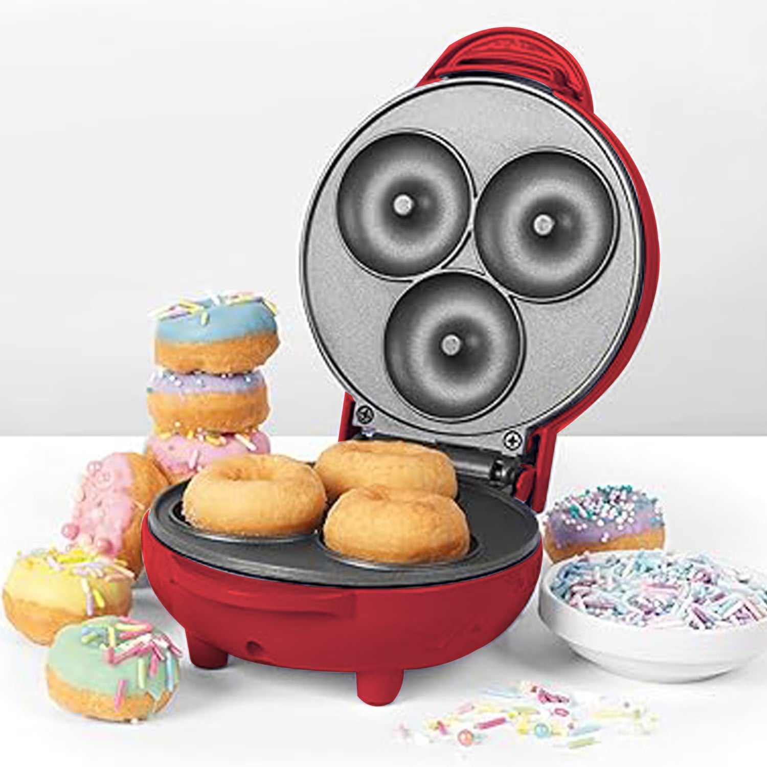 Mini Aparat de preparat gogosi, 3 orificii, antiaderent, 350W, 165x85x125mm, rosu