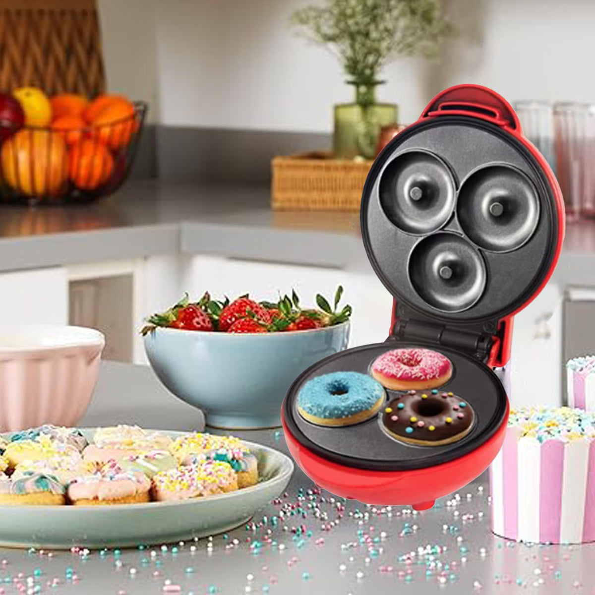 Mini Aparat de preparat gogosi, 3 orificii, antiaderent, 350W, 165x85x125mm, rosu