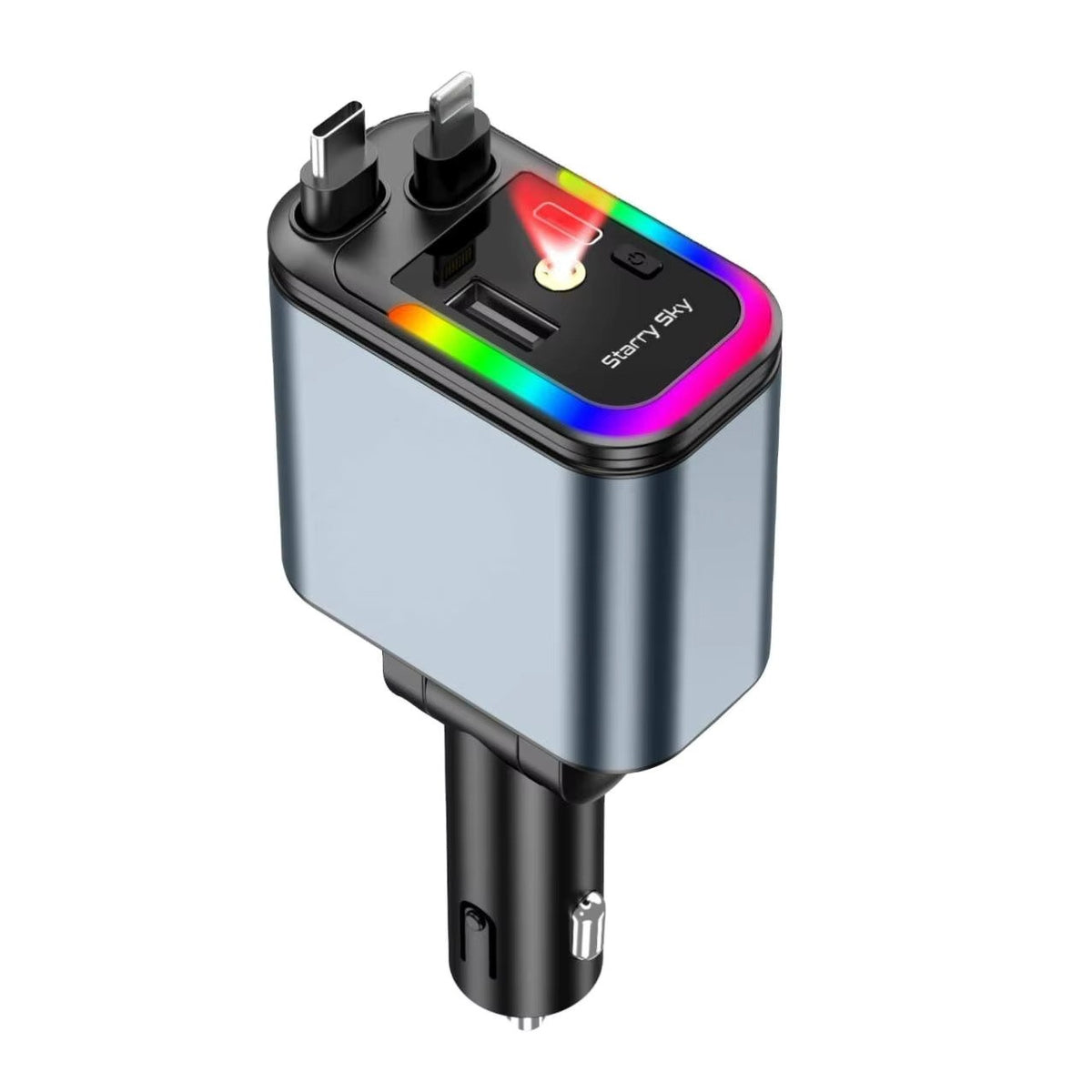 Incarcator Auto Retractabil 4-in-1 Fast Charge, 2 Cabluri Retractabile Lightning &amp; Type-C, Iluminare RGB, Proiectie Stelara Laser