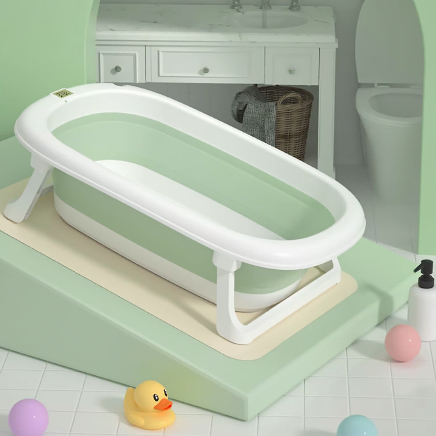 Cadita pliabila pentru bebelusi, cu suport pernuta, picioruse antiderapante