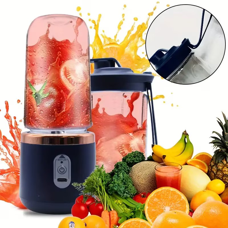 Mini Blender Portabil Electric, Cu Acumulator, 2 Recipiente, 6 Lame 3D, 300 ml, 40W, Capac Inclus, Albastru