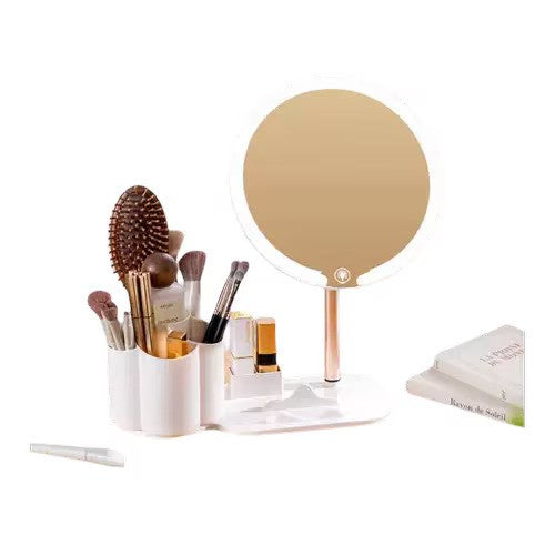 Oglinda cosmetica, cu iluminare LED, suport pentru telefon, organizator de farduri, din ABS si sticla, cu picior, baza antialunecare, alb