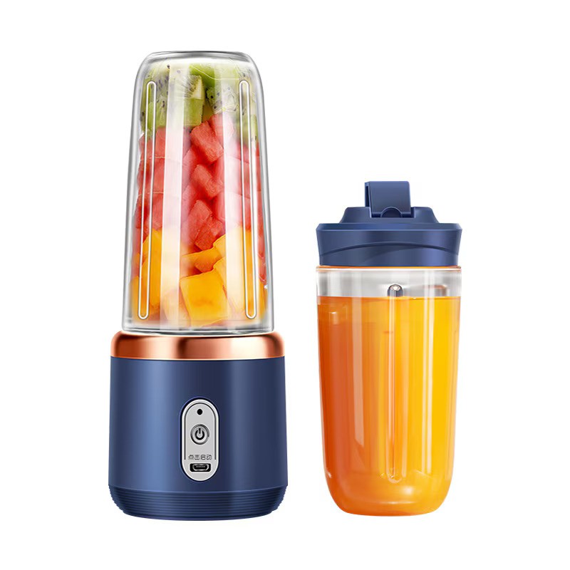 Mini Blender Portabil Electric, Cu Acumulator, 2 Recipiente, 6 Lame 3D, 300 ml, 40W, Capac Inclus, Albastru