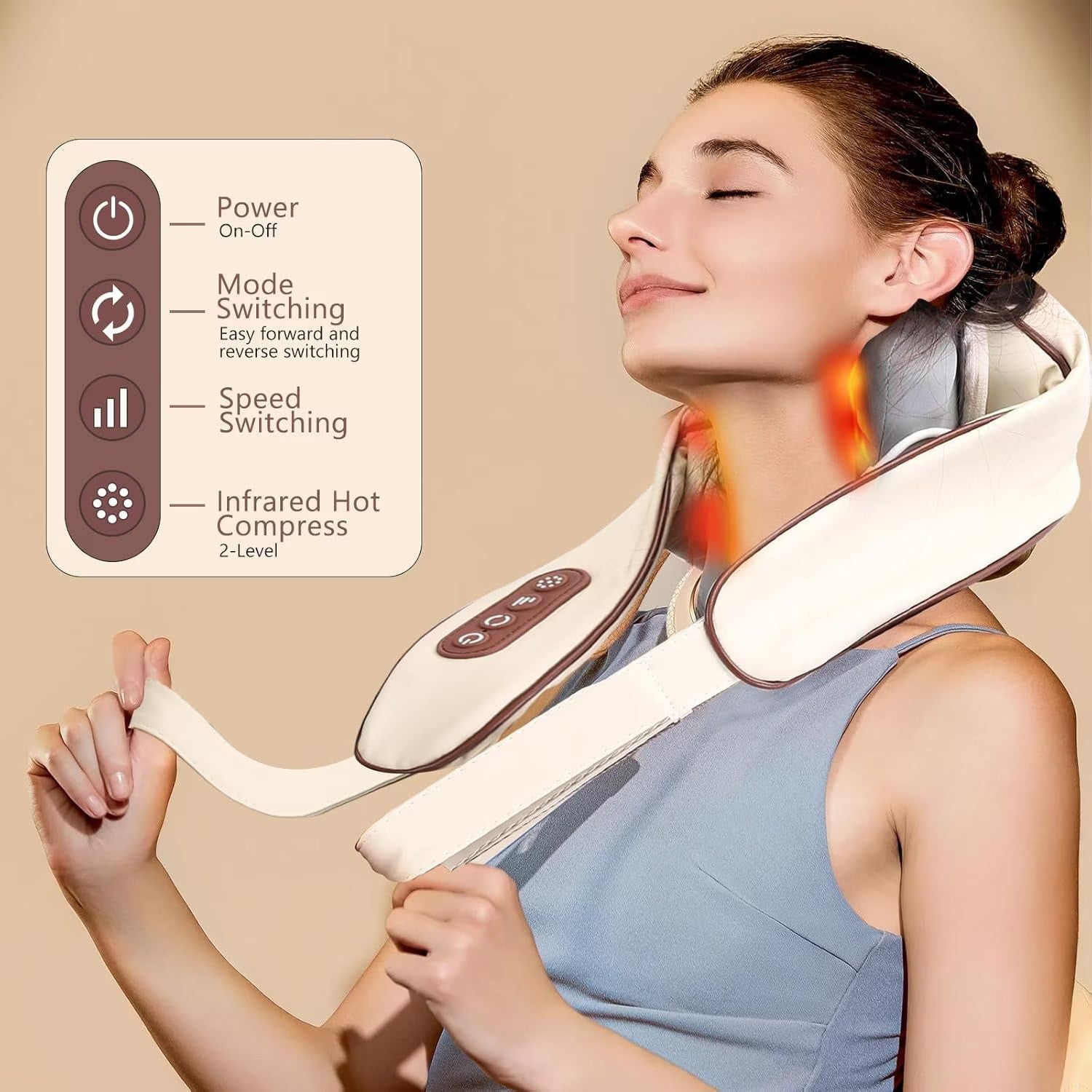 Aparat de masaj cervical 6D cu incalzire si vibromasaj, 3 intensitati, 2 moduri, silentios 45 dB, maro