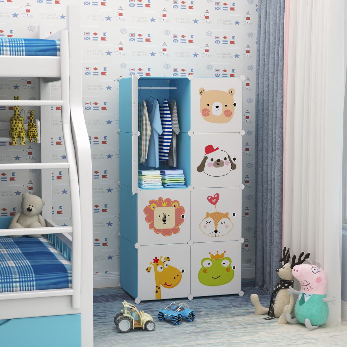 Dulap modular pentru copii, 8 rafturi, durabil, 76X37X147 cm, model cu animalute