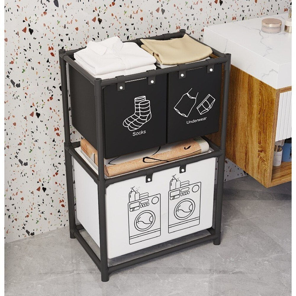 Raft pentru baie cu cos de rufe, doua straturi, cadru de otel inoxidabil, 97x28x57 cm, negru