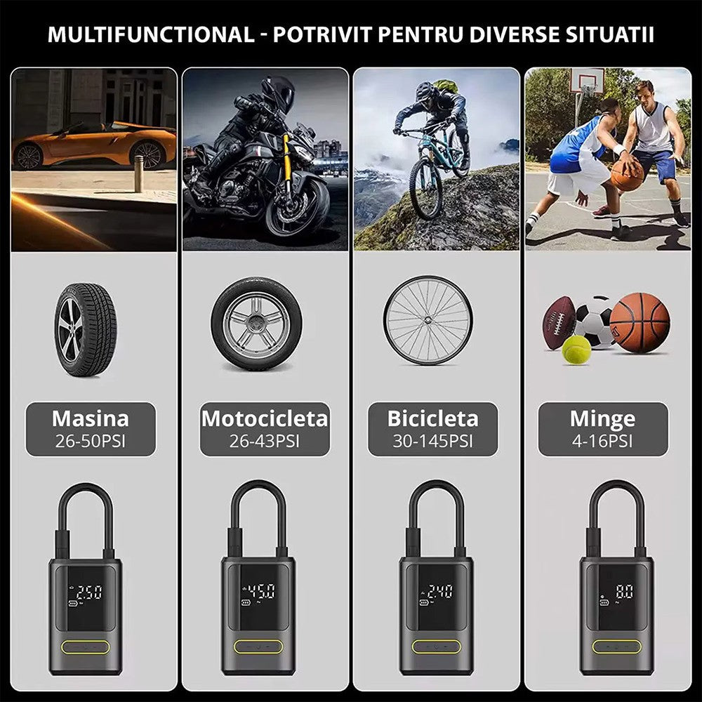 Pompa aer auto electrica, afisaj digital LCD, Lanterna LED, Portabila, Reincarcare USB C, baterie 4000 mAh, Manometru digital, 120 W, sundiguer, Negru