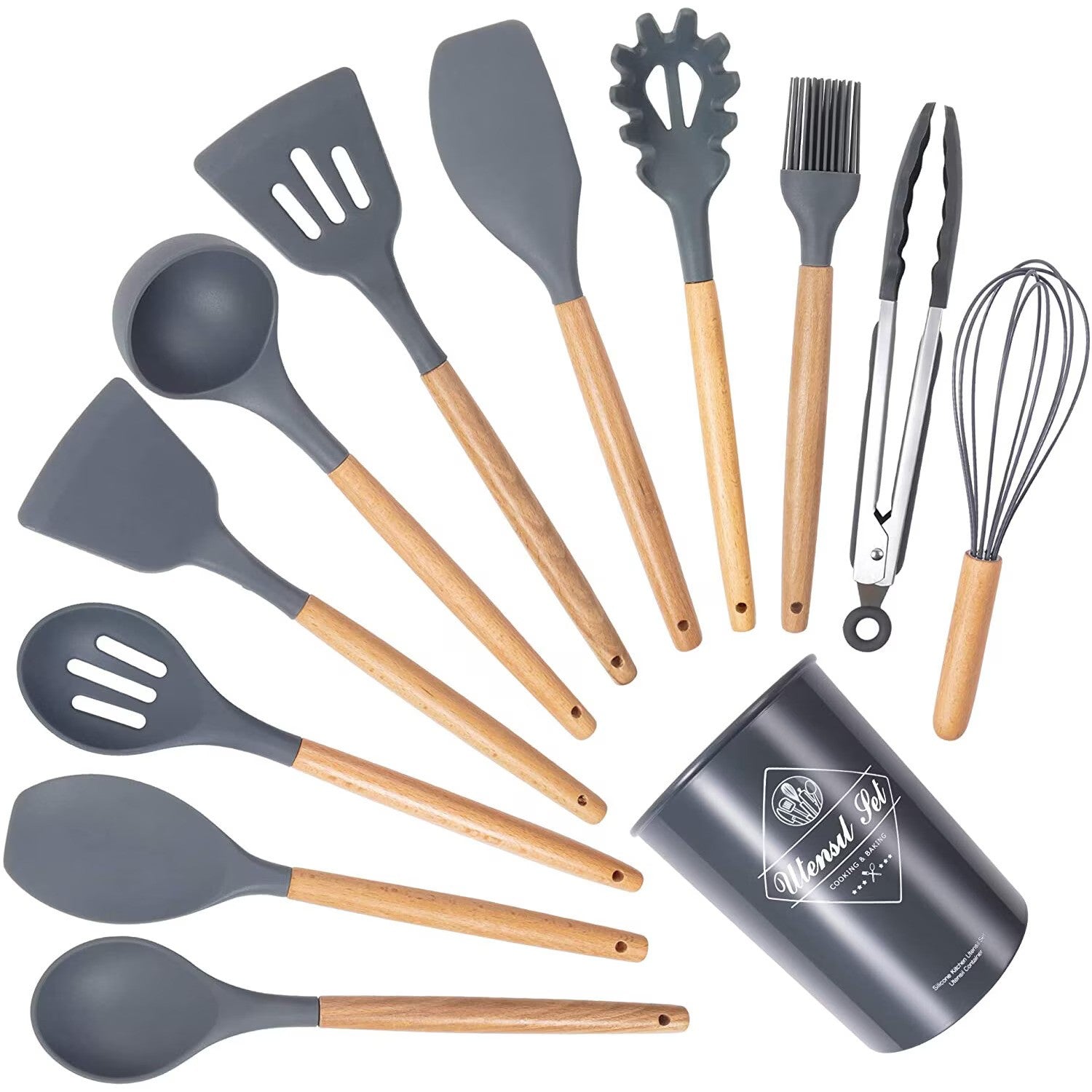 Set 12 ustensile de gatit din silicon, maner rezistent din bambus