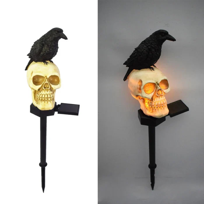 Set 2 Lampi Solare Halloween cu Craniu si Cioara Decoratiuni Gradina Curte - detaliu produs