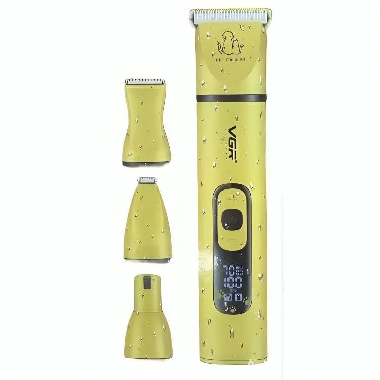 Masina de tuns pentru animale VGR V-204, 4 in 1, fara fir, afisaj LED, 3 viteze, 5 capete, 13 trepte de taiere, pentru caini si pisici, galben