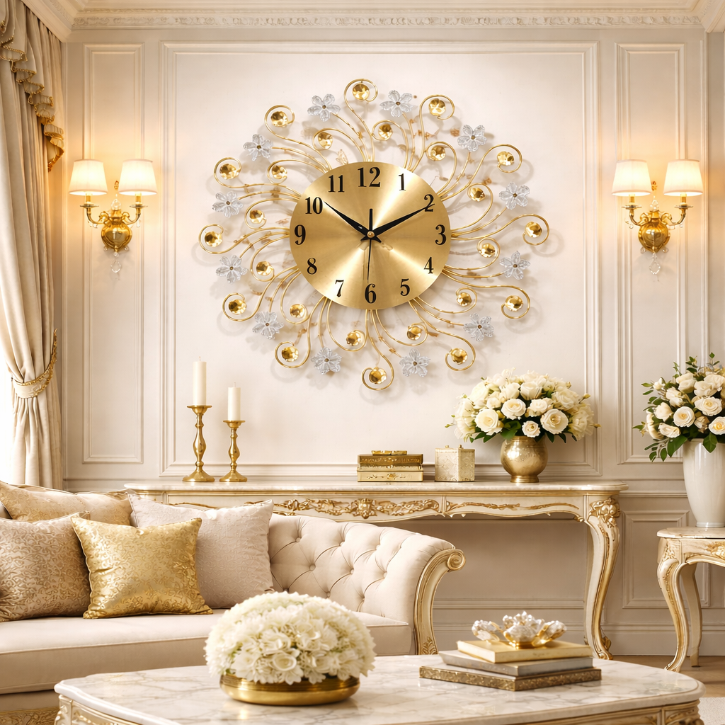 Ceas de perete decorativ tip soare cu floricele 38 cm