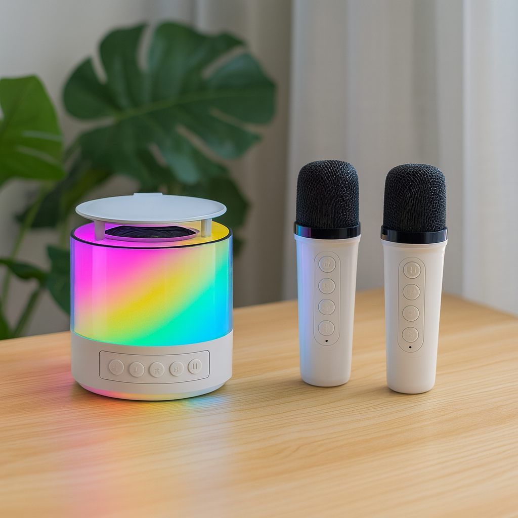 Boxa cu 2 Microfoane, Portabila, cu jocuri de lumini,RGB, rotunda, karaoke Smart copii, difuzor Wireless,