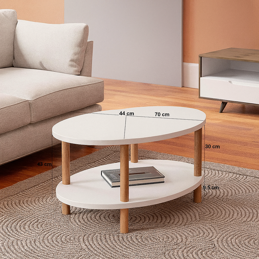 Masa de cafea ovala, cu raft inferior depozitare, 43 x 70 x 44 cm