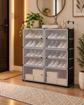 Pantofar Modular cu 6 Compartimente, 81 × 29 × 96 cm, Uși Magnetice Semitransparente, Structură Metalică, Negru/Gri