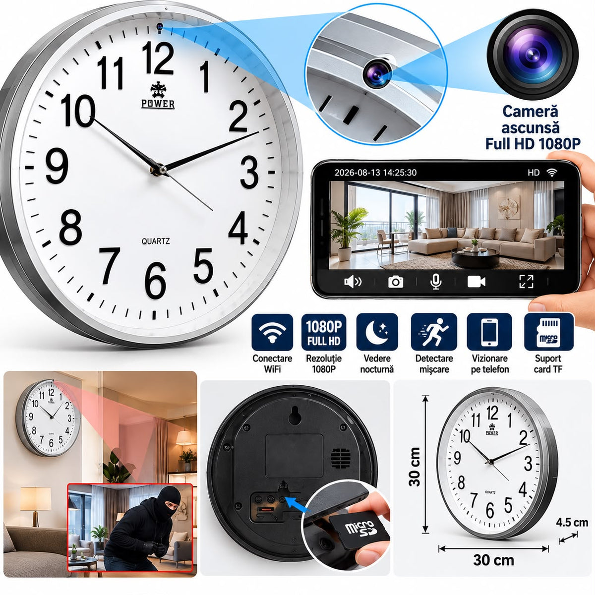 Ceas de Perete cu Camera Spion Wireless Alb 1080p Detectie Miscare - detaliu produs