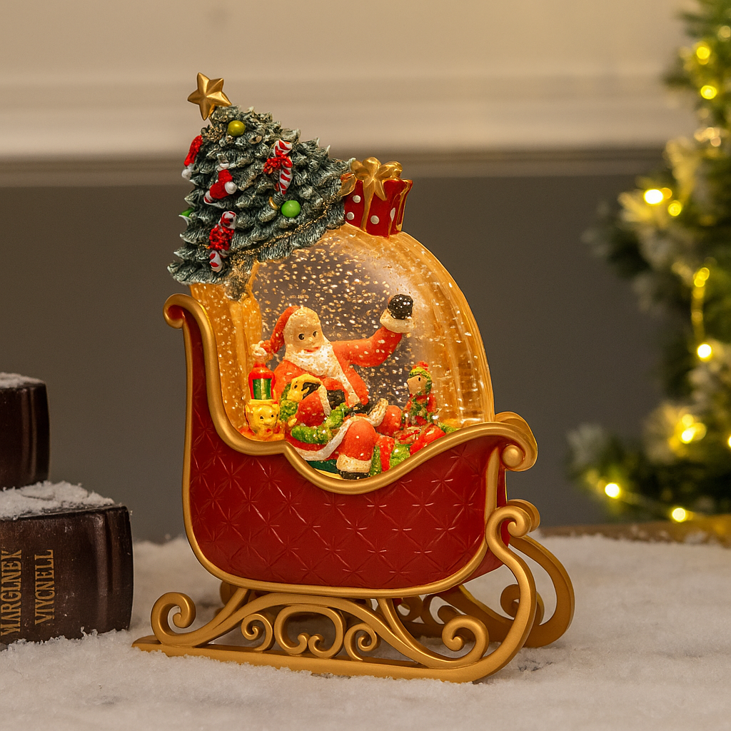 Lampa decorativa Craciun cu Mos Craciun in sanie, lumina si 8 melodii festive