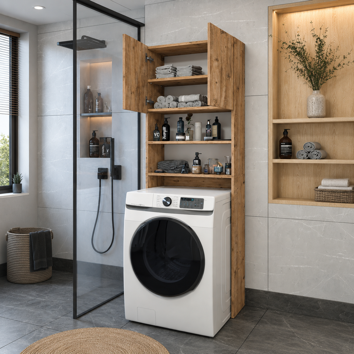 Dulap pentru masina de spalat cu 2 usi si 4 compartimente, 65,1x27,1x190,6 cm - imagine 3