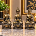 Set 3 Statuete Buddha Decorative din Rășină, 10 cm, Finisaj Auriu Antichizat, Figurine Zen pentru Living, Dormitor și Birou