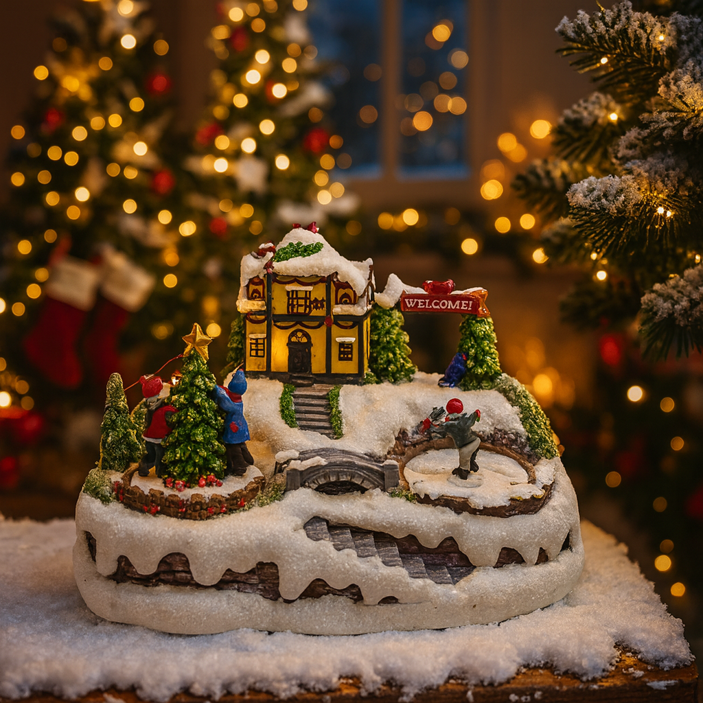 Decoratiune Muzicala de Craciun cu Luminare LED, Miscarare Rotativa si Peisaj de Iarna – Model Casa cu Patinoar