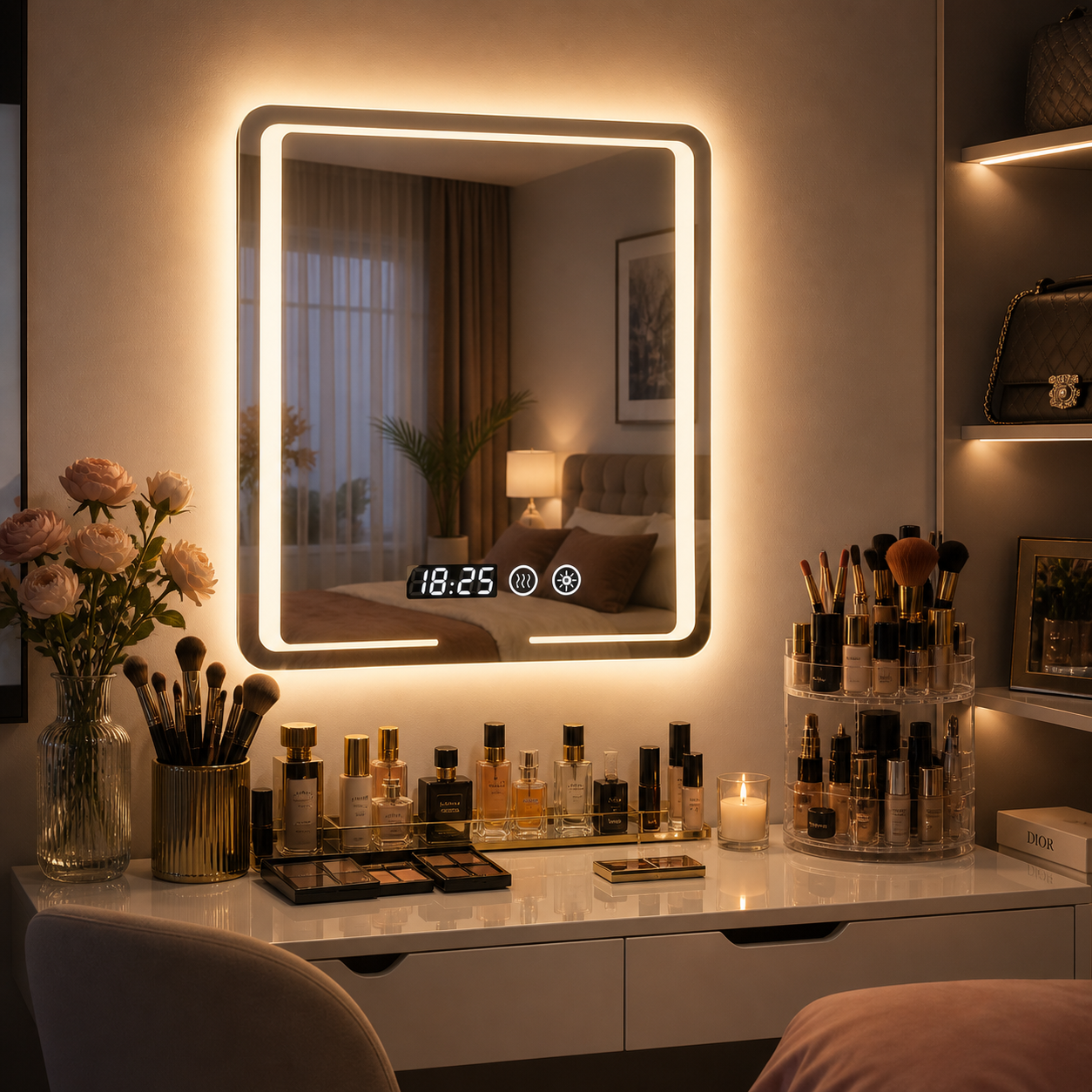 Oglinda led premium 80x60, cu touch, ceas, dezaburire si lumina reglabila