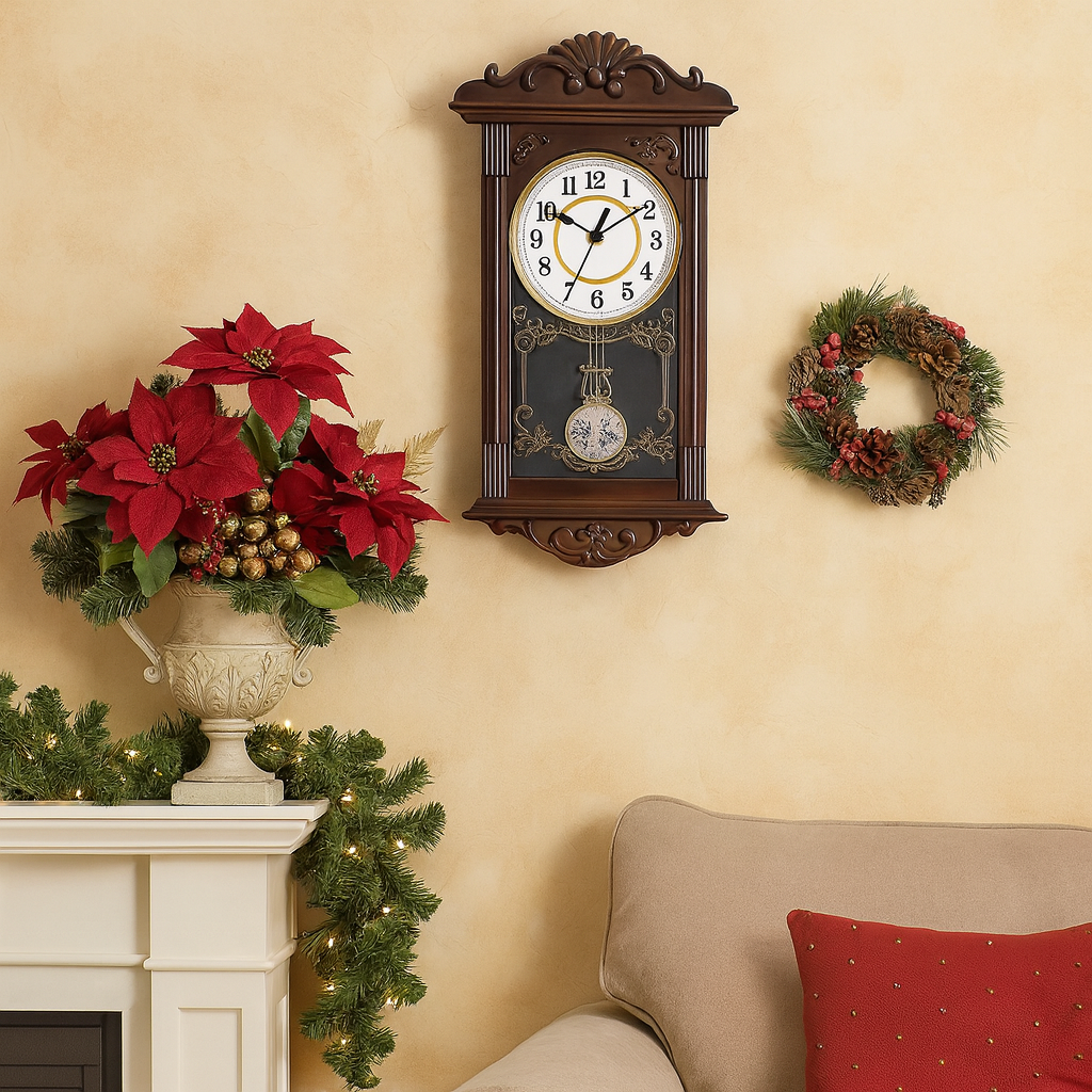 Ceas de perete vintage cu pendul, aspect lemn, 41 cm x 22 cm x 7 cm