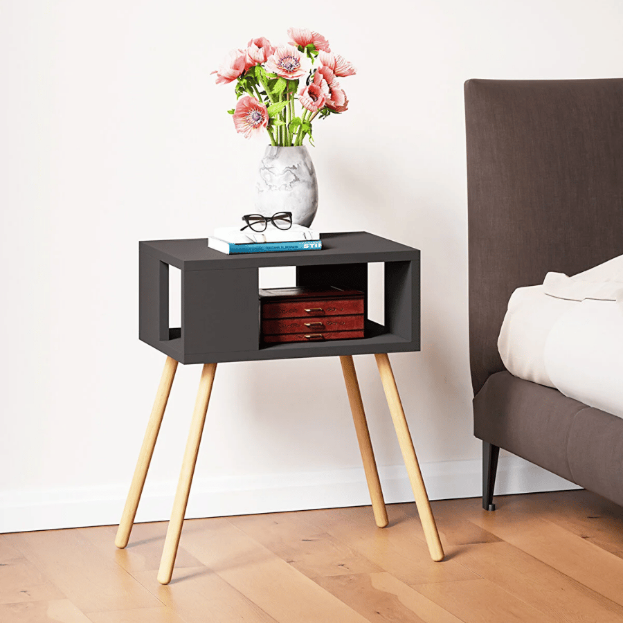 Noptiera cu picioare din lemn si raft deschis, 44 x 29 x 18 cm, stil scandinav modern