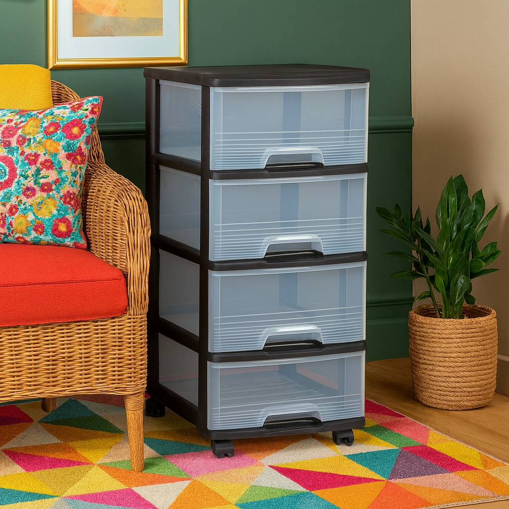 Dulap pe roti cu sertare transparenter, 4 x 20 L, Transparent