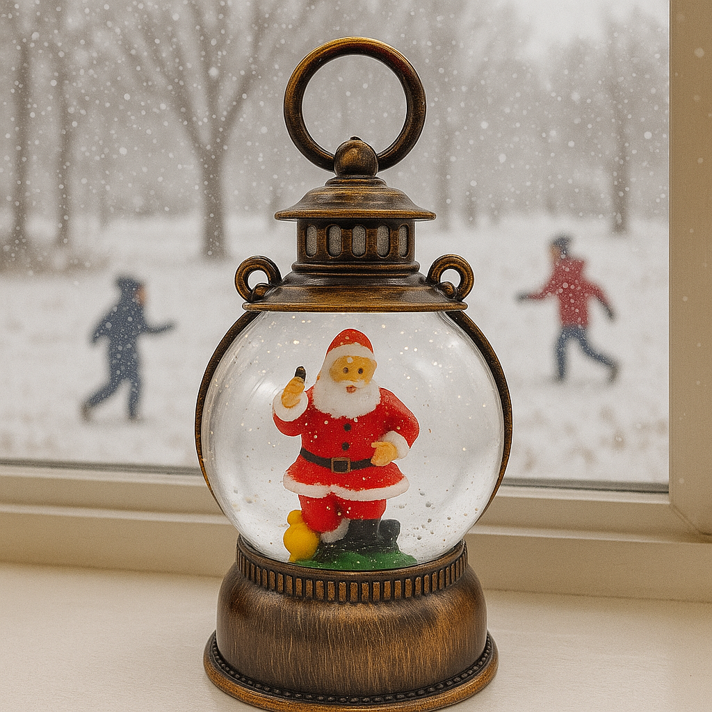Felinar decorativ de Craciun cu Mos Craciun – cu efect de ninsoare si lumina calda