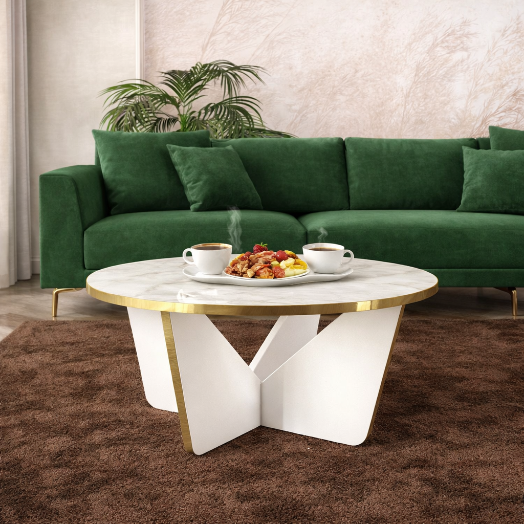 Masuta de cafea rotunda, blat tip marmura, cadru metalic auriu, design modern premium – 75x75x35 cm