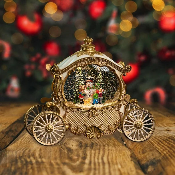 Felinar LED Luminos Premium "Caleasca Lui Mos Craciun", cu 8 Melodii si Invarte Zapada,USB,Baterii