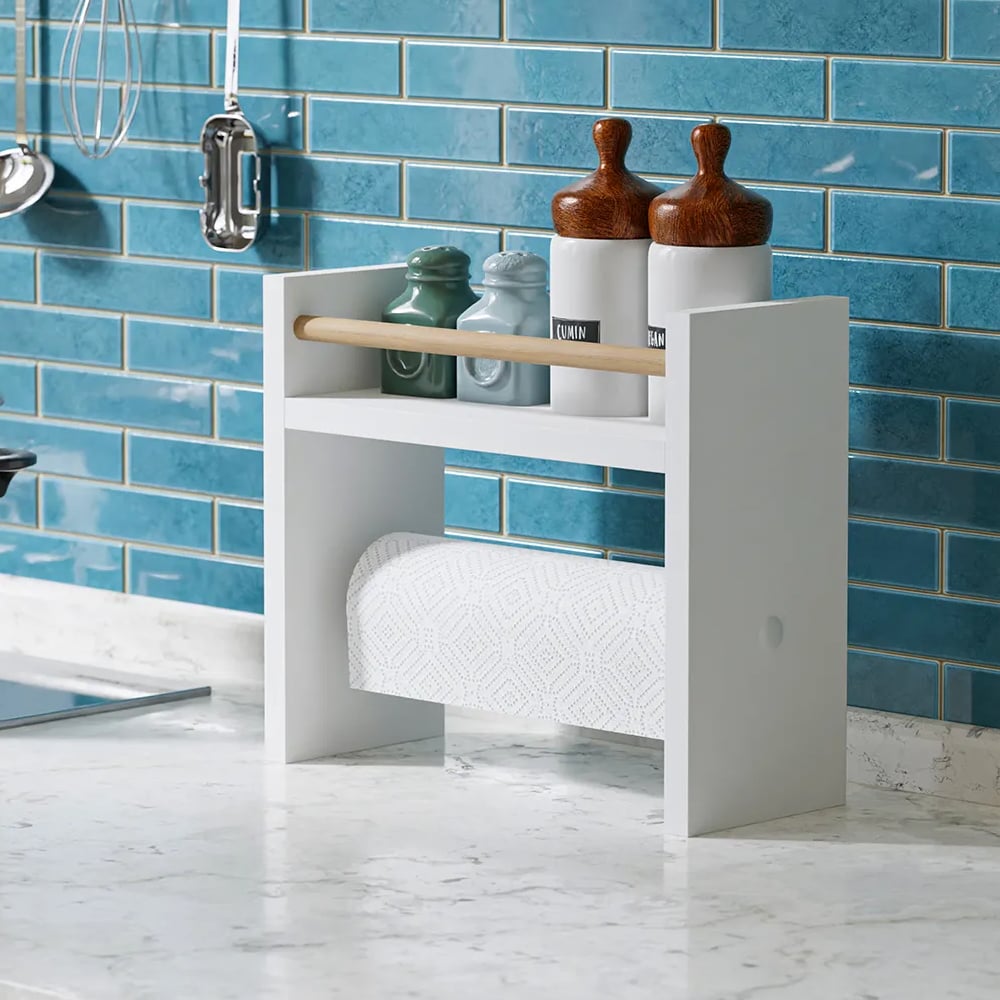 Raft lemn bucatarie 2 in 1 cu suport prosop hartie, organizator condimente, 30x13.5x29 cm